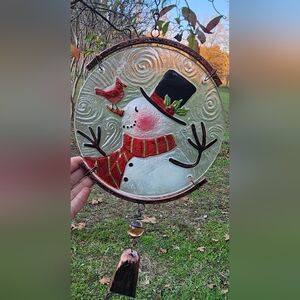 Like New Joyful Snowman w/Cardinal on glass‎ coppered metal framing, chain hung